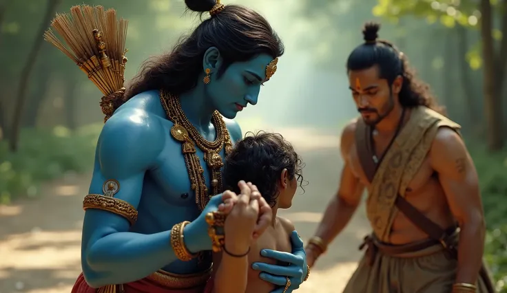 "Create a close-up cinematic scene where Lord Krishna and Arjuna are capturing a thief. Krishna, dressed in his traditional blue attire, is holding the thief with calm authority, while Arjuna stands beside him, holding his bow in one hand and observing the...