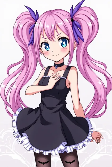 official style, regina (dokidoki! precure), dokidoki! precure, very aesthetic, best quality, intricate, overall detail, 1 girl, blue eyes, choker, black short dress, black pantyhose, bat print, standing, light smile, simple background, facing the front, st...