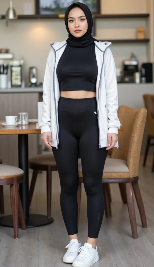 Woman half grown , typical Indonesian face , wearing a black sports hijab ,  wearing a white sports jacket ,  and black knit leggings ,  and wearing white sports shoes. nice body (solid contains),  very white skin , thick lips (dark brown ),  round buttock...