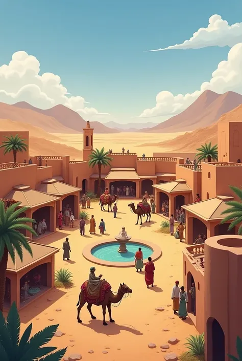 
4. Animated caravanserail 
" Transcribes the atmosphere of the time in the Ottoman Empire with caravanners unloading camels,  merchants trading spices ,  and travelers resting around fountains in the center of a caravanzarail .  Mountains and desert stret...