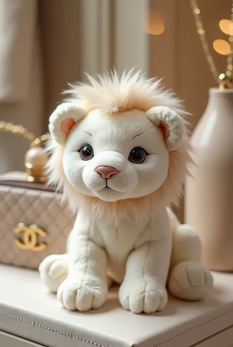 Cute little all-white lion stuffed animal with mane in a luxury Chanel store 