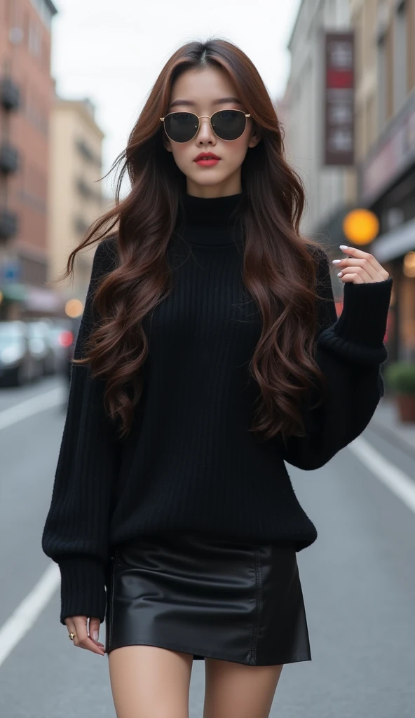          Asian Style、 Korean Style Idol 、     pretty girl ,               my hair is long          、          my hem is wavy          、       my hair is parted in the middle         、      I'm wearing a black high neck sweater  ,         I'm wearing a blac...