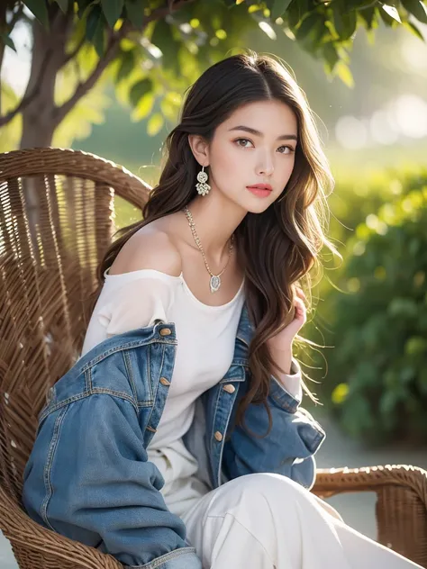 score_9, score_8_up, score_7_up, row photo, HD, 16K, A cute 18-year-old woman, a captivating minimalist illustration that seems to have come out of a high-end fashion magazine, wearing a tastefully embroidered denim jacket over a white T-shirt, sitting on ...