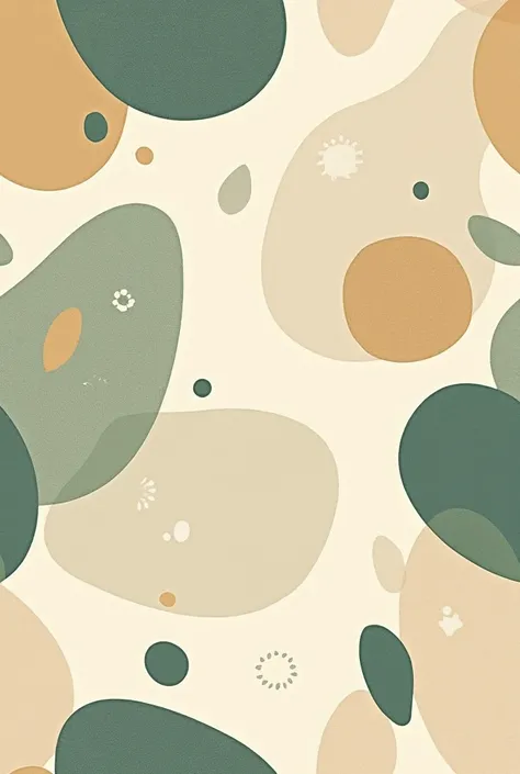 An abstract seamless pattern inspired by organic shapes and natural tones. The design features soft, irregular oval and pebble-like forms that overlap in a harmonious composition. The color palette includes earthy greens, muted golds, beige, and creamy off...