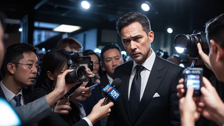 a middle-aged man, company president, press conference, surrounded by media, blinded by camera flashes, dramatic lighting, high contrast, cinematic, moody, intense expression, serious, formal suit, tie, sweating, tense, nervous, photorealistic, award-winni...