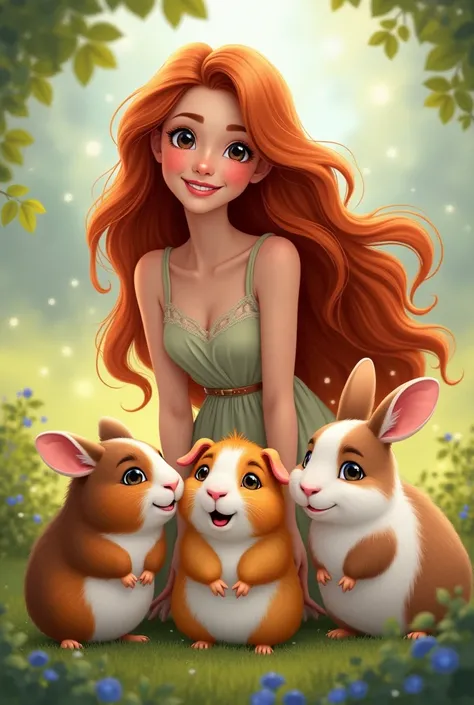 Disney pixar femme au cheveux long avec 2 guineas pigs and 2 rabbits