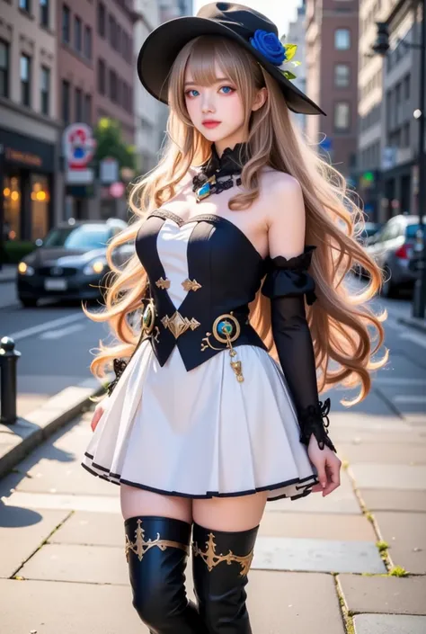 a young woman stands on a city sidewalk. She is dressed in a black and white corset, a white skirt, and black boots. Her long blonde hair is cascading over her shoulders, and she's wearing a black hat with a blue flower pinned to it. The doll's eyes are bl...