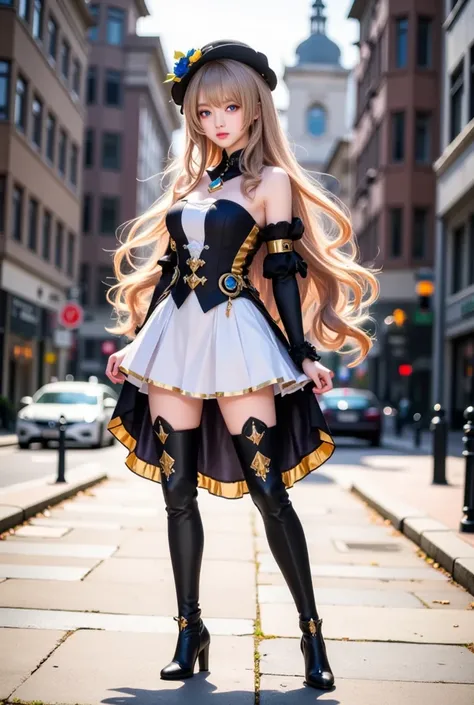 a young woman stands on a city sidewalk. She is dressed in a black and white corset, a white skirt, and black boots. Her long blonde hair is cascading over her shoulders, and she's wearing a black hat with a blue flower pinned to it. The doll's eyes are bl...