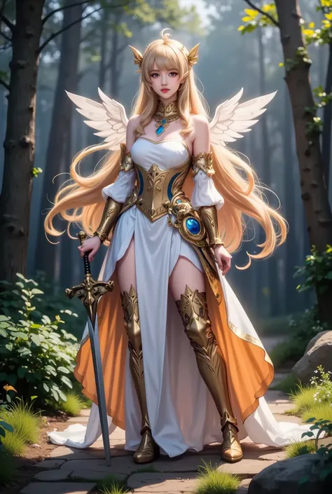 Navia, a mystical being with ethereal wings, stands against a misty forest backdrop, her delicate features illuminated by soft morning light. Her long, flowing hair appears to be woven from the wispy clouds above, as if the heavens themselves had come to l...