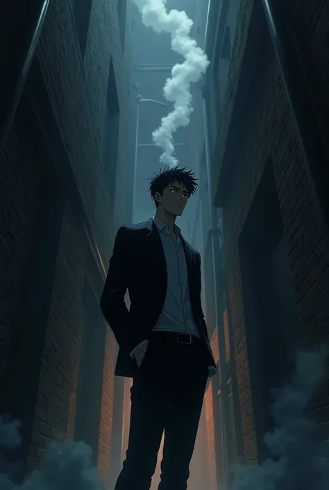 A young man aged 25 wearing a black suit is standing against a wall in a dark alley at England in a smoking pen with smoke billowing up the sky in the middle begs for an anime imageyour name