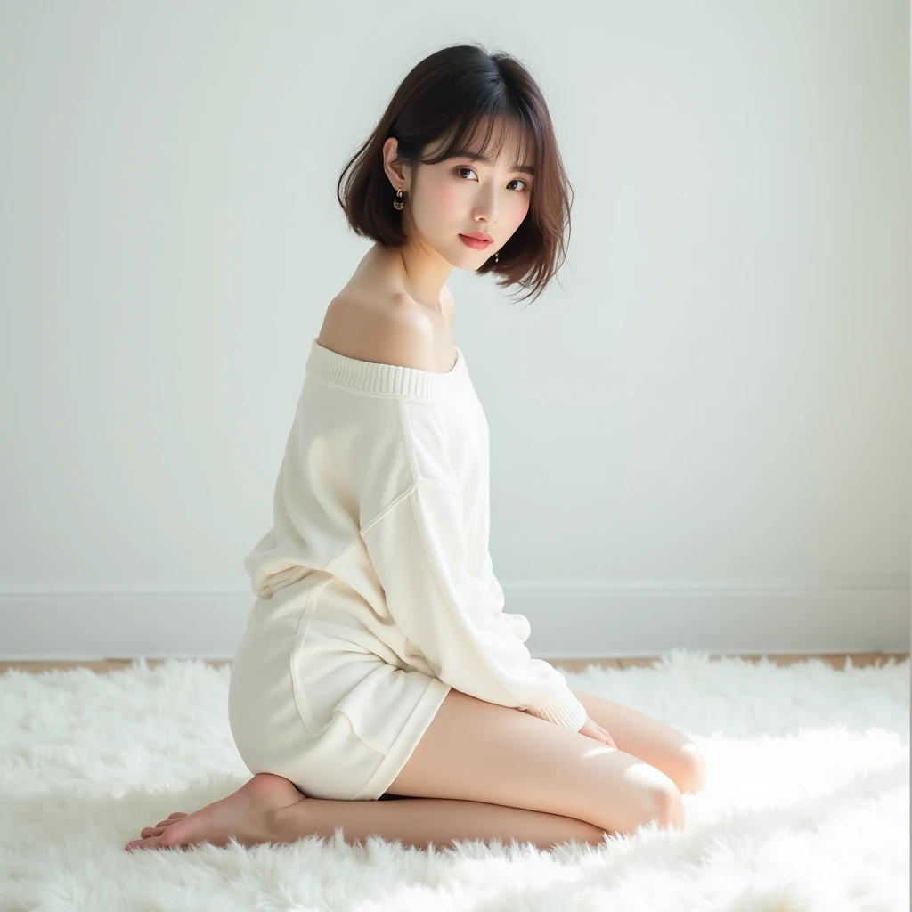 Arafe asian woman kneeling on a white rug wearing a white sweater and skirt,  Japanese model,  attractive pose,  YOUNG THIN SWIMSUIT GRAVURE IDOL , kiko mizuhara,  young cute gravure idol , Chiho,  young sensual gravure idol,  Naruto,  young gravure idol ,...