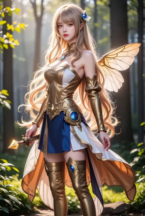 Navia, a mystical being with ethereal wings, stands against a misty forest backdrop, her delicate features illuminated by soft morning light. Her long, flowing hair appears to be woven from the wispy clouds above, as if the heavens themselves had come to l...