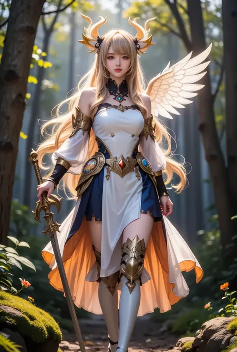 Navia, a mystical being with ethereal wings, stands against a misty forest backdrop, her delicate features illuminated by soft morning light. Her long, flowing hair appears to be woven from the wispy clouds above, as if the heavens themselves had come to l...