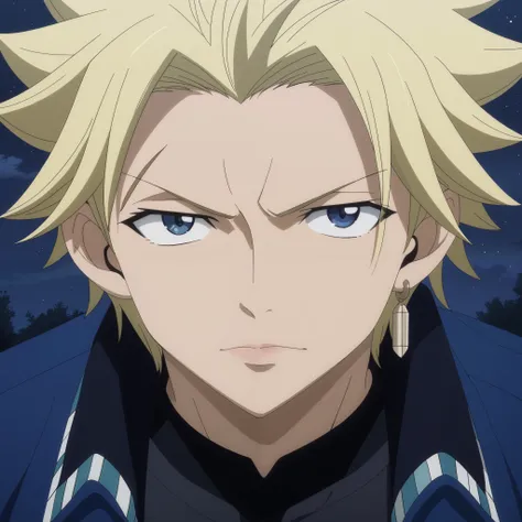 front view, Frontal portrait, close-up, looking at viewer, score_9, score_8_up, score_7_up, source_anime, StingFT, Sting blonde hair, light yellow Sting, 1boy, male focus, anime screencap, a blue men's jacket with gold or yellow details, which fits his ath...