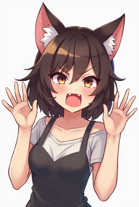  from the picture provided, it helps to design the character into a cute cartoon character. The shape is a woman with shoulder-length hair.,With cat ears ,There were fangs, showing anger, making a slap gesture.