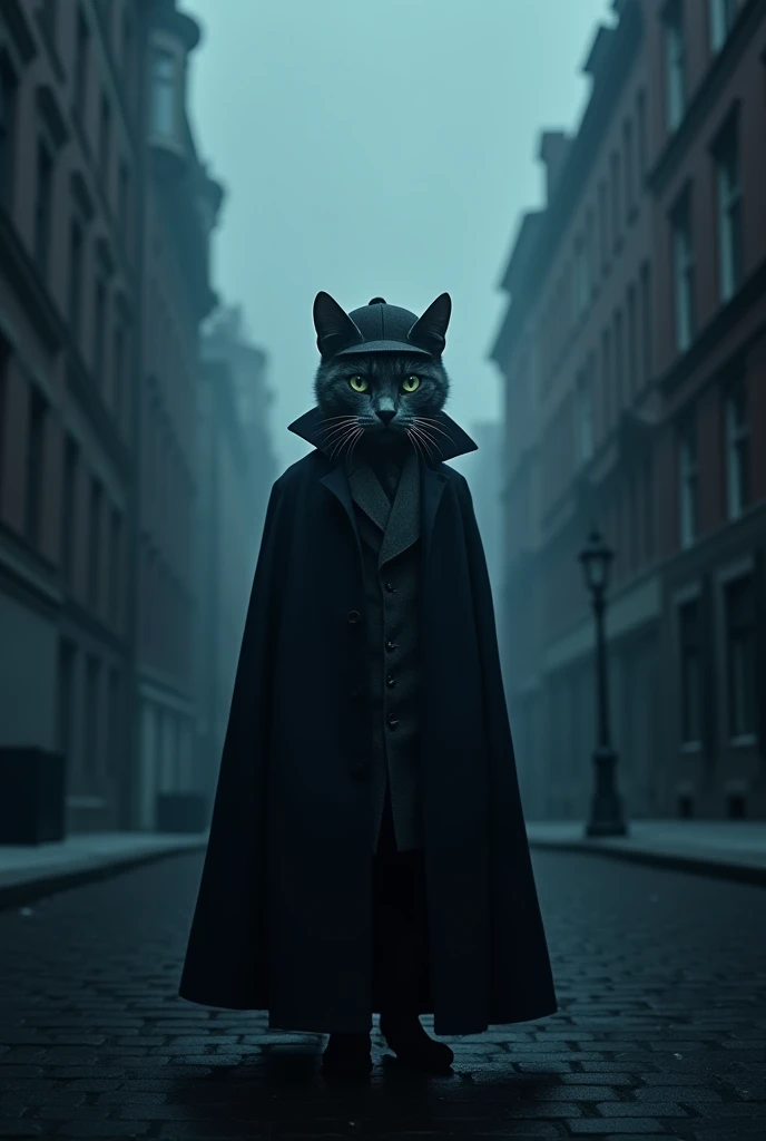 Cover of movie with title "the Barker" with cat od russian blue race, dressed like Sherlock holmes standing in the fog between tenants of xix century city. Scary cat with demonic eyes.