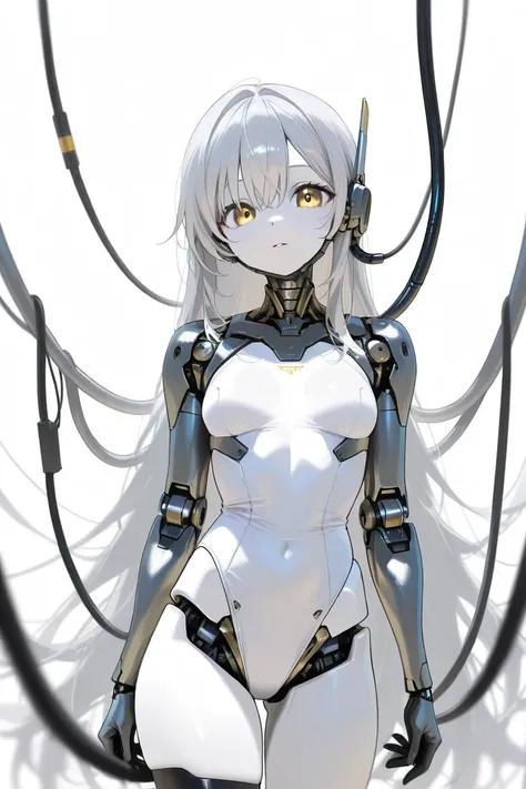 (Top Quality, Background Detail), Top Quality, Original Detail Dynamic Art, (Both Golden Eyes), Image from Waist, Inorganic Gaze, Detailed Mechanical Joints, Wearing White Leotard, White Skin, Gray Hair, Long Hair, (One Cyborg Girl), White Mechanical Body,...