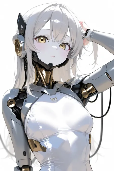 (Top Quality, Background Detail), Top Quality, Original Detail Dynamic Art, (Both Golden Eyes), Image from Waist, Inorganic Gaze, Detailed Mechanical Joints, Wearing White Leotard, White Skin, Gray Hair, Long Hair, (One Cyborg Girl), White Mechanical Body,...