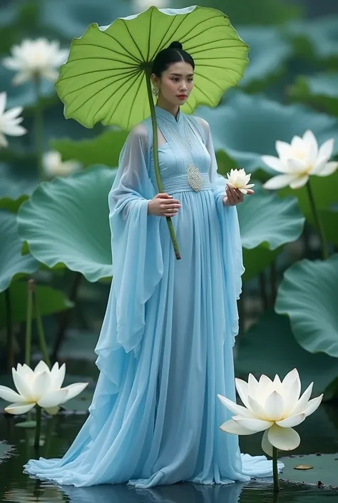 The photo captures a woman dressed in traditional light blue attire, standing amidst a setting filled with lotus flowers and leaves. Her outfit is intricately designed with multiple layers of soft fabric, evoking a sense of grace and elegance. She holds a ...