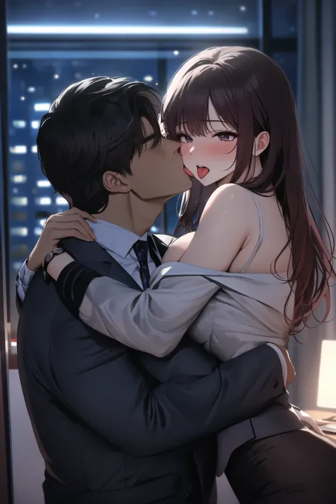 top quality, masterpiece,  high resolution, 8k, 1 girl 1 boy  , The right move, (((bust shot))),  maroon droopy , ((( semi-long dark hair ))), Busty Wife, ((( business suit hug each other))), Kiss with tongue intertwined,  night office, An office without p...