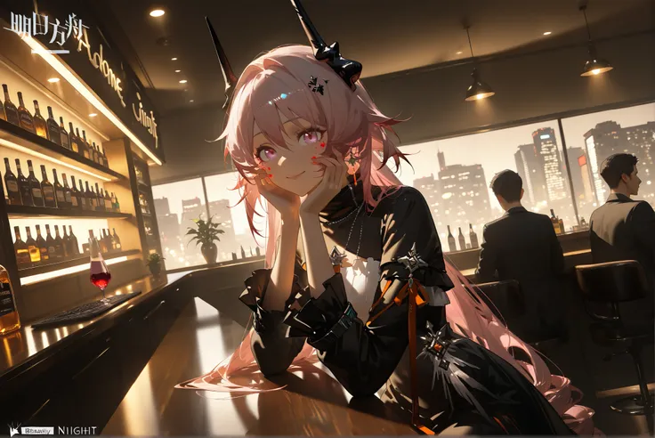 female,(((alone)))((Theresa)),((Theresa_\(arknights\))), Theresa_\(arknights\),  pink hair color 。Pink Eyes。longhair。Black horn 。  white and black dress,(Focus on face :1.5)( beautiful eyes:1.5),smile,,Photorealistic Background,Bar counter, is sitting, bes...