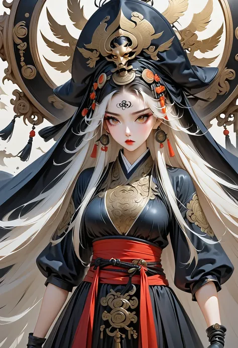 Ink drawing, (((1 girl )), (((Middle forehead tattoo))), (((Oiran))), (((Exquisite hair accessories))), Demon possession,  (( eye patch :1.3)), (((A very detailed、 highest picture quality、The highest quality 、 highly detailed unit 8 ｋ wallpaper ))), (( ill...