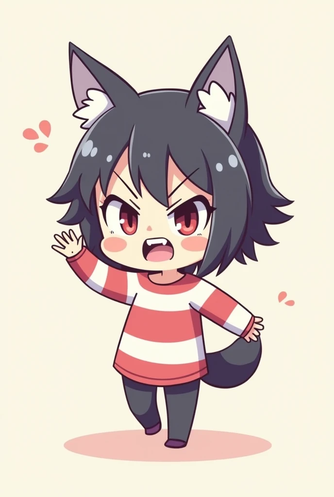 Help create cute cartoon with simple stripes. Shape into a girl with Wolf Cut hair, single eye,With cat ears ,There are fangs, are showing anger and are making a slap gesture.