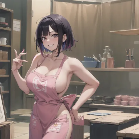 masterpiece, best quality, cowboy shot, looking at viewer, grin, akane kurokawa, gradient hair, short hair, big breasts ,big hips, pink cute apron,  naked , lovesign, abstract background, 