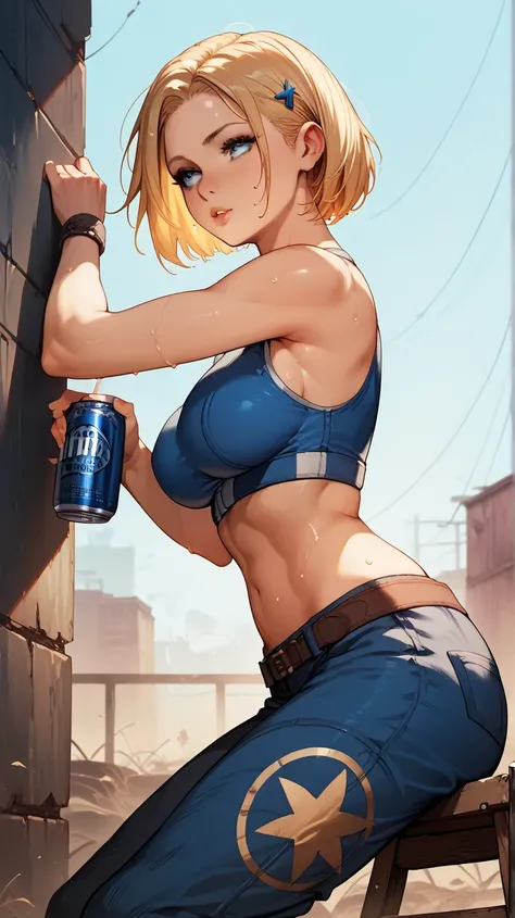 Sexy blue mary , UHD,  short hair,  blond hair , blue eyes big breasts, in a wasteland,  sitting on a ladder, sweating,  drinking from a can, pose sexy, 