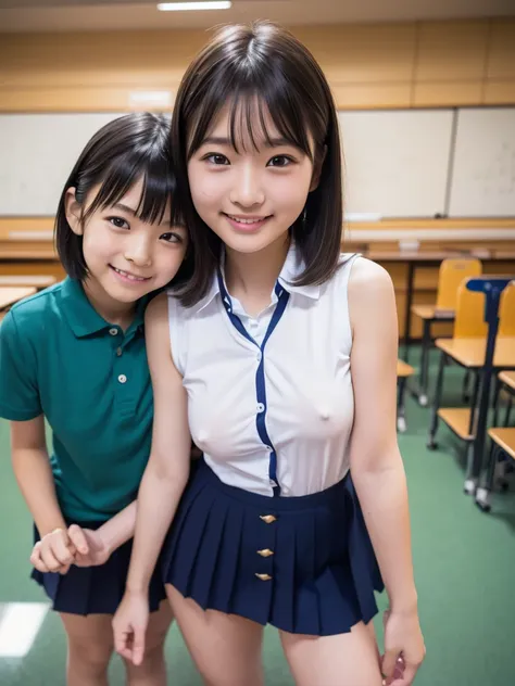 ( high definition)、( High Quality )、( short hair as left eye)、( tight and sleeveless shirt)、( collared shirt)、(shirt with button on the chest )、( miniskirt)、( two Japanese girls )、( bring their faces close to the camera:1.2)、( bring your face close to here...