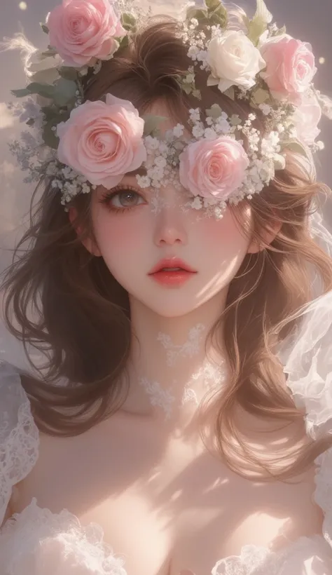  beautiful girl her eyes are covered with roses、 only her lips and nose should be visible 。Her hair should be long rose theme 
