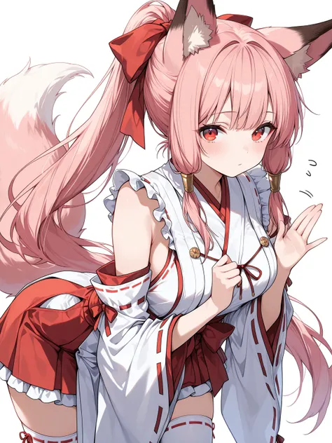 ((masterpiece, best quality)), 1girl, pink hair, long hair, ponytail, long sidelocks, red eyes, fox girl, fox ears, fluffy, (nontraditional miko, frills), white thighhighs, hair ribbon, looking at viewer, cowboy shot, no cropping, simple background, 