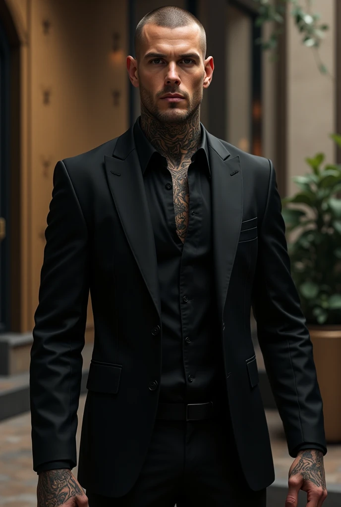 Attractive white-skinned man with cropped hair and without a beard has tattoos on his neck and face and arms dressed in an expensive black suit in a penthouse 