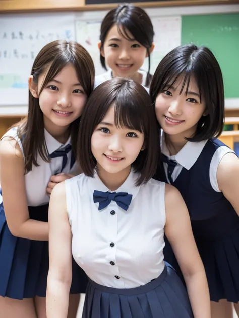 ( high definition)、( High Quality )、( short hair as left eye)、( Tight Sleeveless Dress)、(Collared dress)、( dress with buttons on the chest)、( two Japanese girls )、( bring their faces close to the camera:1.2)、( bring your face close to here :1.2)、( small br...