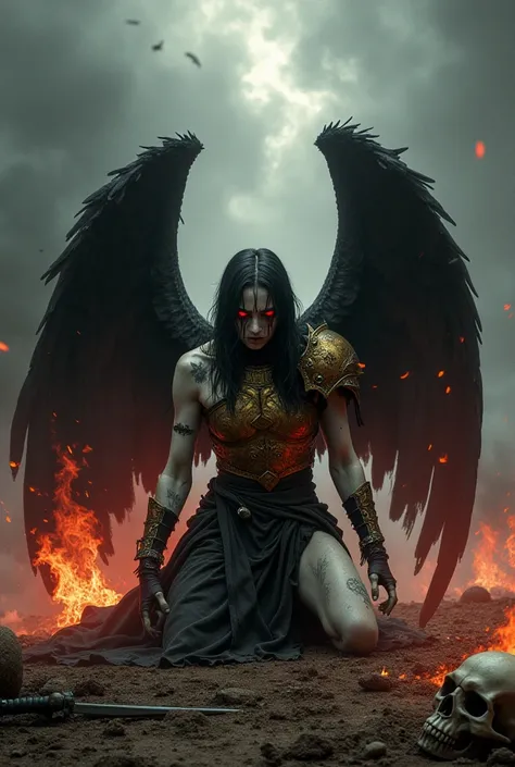 " A fallen angel with a terrifying aura ,  his torn and charred black wings give off smoke ,  as feathers slowly fall to the ground in flames .  Her pale skin is covered with deep scars and pulsating dark veins,  emanating a sinister energy .  He is kneeli...