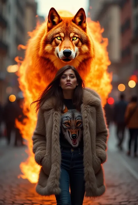 A photo of a woman walking on the street, wearing a fur coat and a shirt with a wolf design. Behind her is a large flaming wolf, digitally created, with glowing eyes and a fierce expression. The scene is striking due to the contrast between the real urban ...