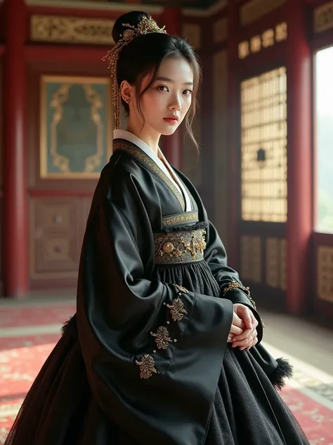 Korean hair clip with exquisite decoration,  Korean Women Beautiful Girls in Hanbok  ( Korean National Costume ) Beautiful black blouse with gold pattern , Black skirt with silver pattern embroidery, frills, Fluffy Skirt Layer ,  Machine Set Korean traditi...