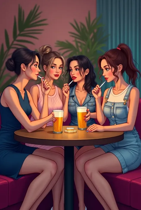  4 girls are sitting on sofas around the bar table and drinking beer . Every girl holds a cigarette ,  first girl in her lips and hands out a lighter and a light to everyone with her hand.  The first girl is wearing a deep blue dress,  hair is gathered in ...