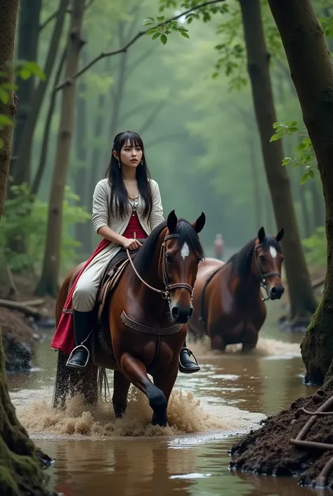 Horses get stuck in the swamp and can't advance,Full body diagram, a woman wearing a suit from a man from the 1710s of the French Revolution rides a horse through the woods,horse ridden by japanese idol stuck muddy swamp, photos, real ，Japanese Face,very c...