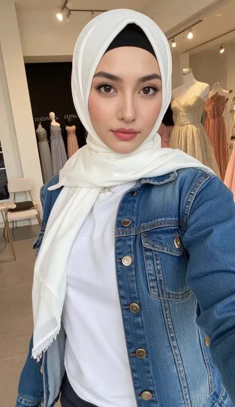 Close-up of a woman's face and chest with a Lebanese hijab, a luxurious denim jacket with open buttons and a loose white hijab t-shirt, a large white scarf tied, natural breasts, from the side, looking at the camera, a mannequin and women's evening dresses...