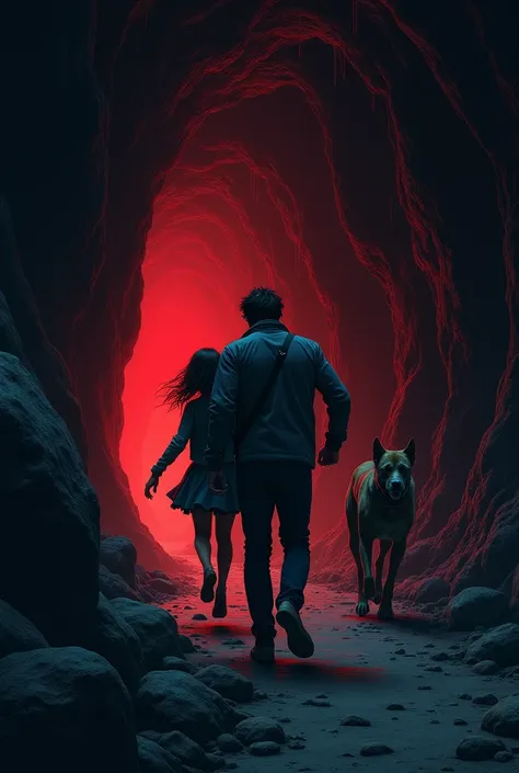 A dark and suspenseful cave scene, illustrated in a 16:9 ratio. The cave walls are glowing faintly with ominous red veins that pulse like they are alive. Michael, a determined man, is seen holding a frightened girl, Lauren, tightly as they run, following a...