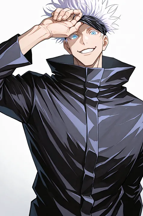 1boy, gojou satoru, jujutsu kaisen, blindfold lift, blindfold, hand up, (((blindfold covering one eye))), upper body, white hair, blue eye, smirk, black uniform, matching top and bottom, solo, standing, white background, akutami_gege, masterpiece, best qua...