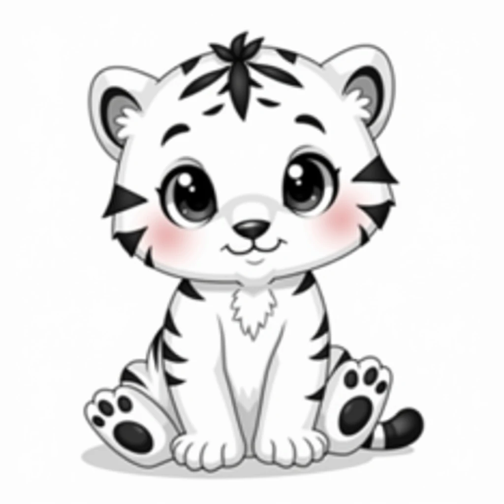 Cute cartoon white tiger cub, sitting, detailed line art, wide-eyed expression, cheerful,  like, simple,  stylized,  black and white,  character design,  animal illustration,  -friendly,  line drawing,  adorable,  soft fur,  large expressive eyes,  paw det...