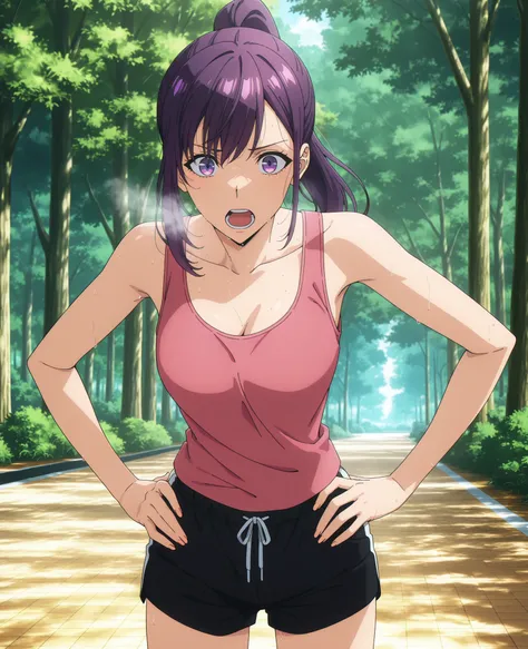 anime screencap, masterpiece, best quality,
1girl, solo, open mouth, teeth,
purple hair, purple eyes, high ponytail,
, pink tanktop, black shorts, black leggins, Hands on hips, looking at the viewer, outdoors, tree, forest, park, out of breath, sweaty, ope...