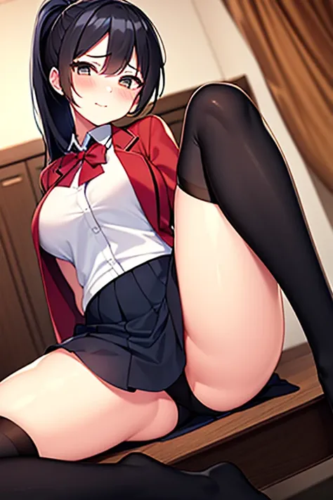 ,  1girl 　school uniform,knee-high socks　Ponytail black hair 　blushing sad expression