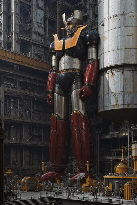 The great hero 、A very realistic giant version of Mazinger Z ,  stands 100 meters high ahead .    nuclear reactor equipment production line made of the latest materials, such as steel, standing 100 meters higher in a forward leaning position  ,   Carbon Fi...