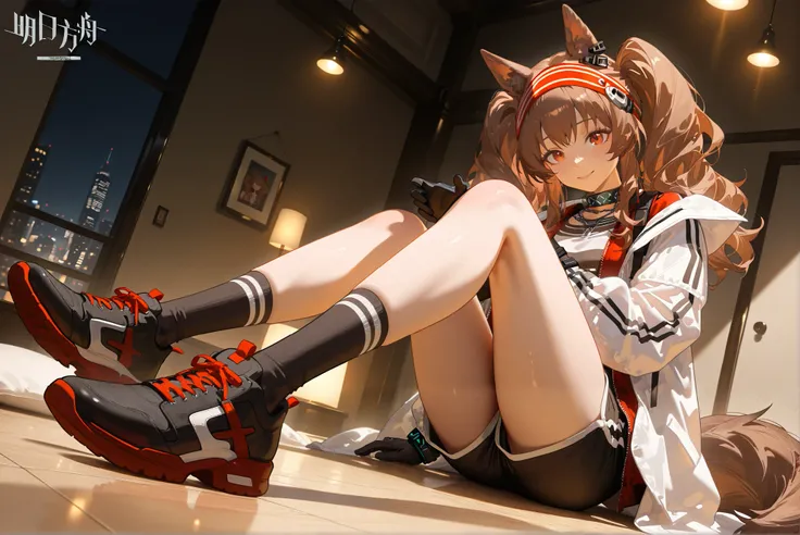 ((Angelina))((Angelina_\(arknights\)), ((Angelina_\(arknights\)),
( dark brown hair ),  beautiful brown eyes , long hair,( large twin tails ) Dark Brown Fox Ears , dark brown fox tail。 angle from below。
 big white jacket。Black socks。  the machine's black c...