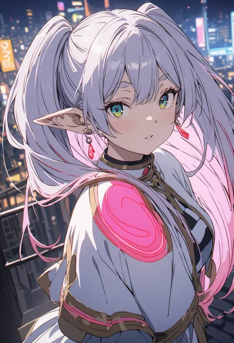 (best quality, masterpiece, 8K:1.3), ultra detailed, unreal engine, soft lighting, A gaze that captivates the viewer, dynamic anime artwork,  (sexy pose:1.2), futuristic city at night, neon lights casting colorful glows, \(frieren\), long hair, twintails, ...