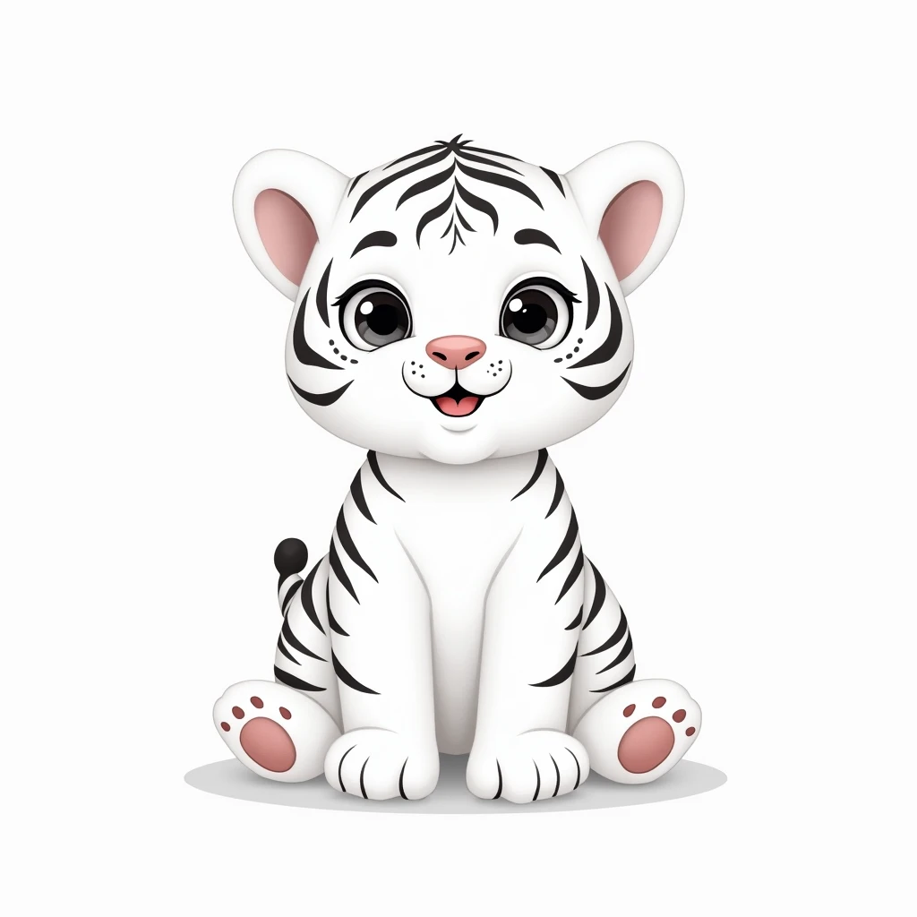 Cute cartoon white tiger cub, sitting, detailed line art, wide-eyed expression, cheerful,  like, simple,  stylized,  black and white,  character design,  animal illustration,  -friendly,  line drawing,  adorable,  soft fur,  large expressive eyes,  paw det...