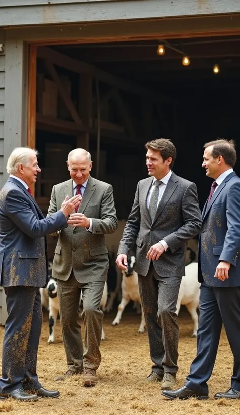 Joe Biden, Vladimir Putin, Justin Trudeau, and Emmanuel Macron regroup near the barn, exhausted and covered in dirt, hay, and milk. Biden is gesturing wildly, recounting his goat-blocking failure, while Trudeau laughs and wipes sweat from his forehead. Mac...